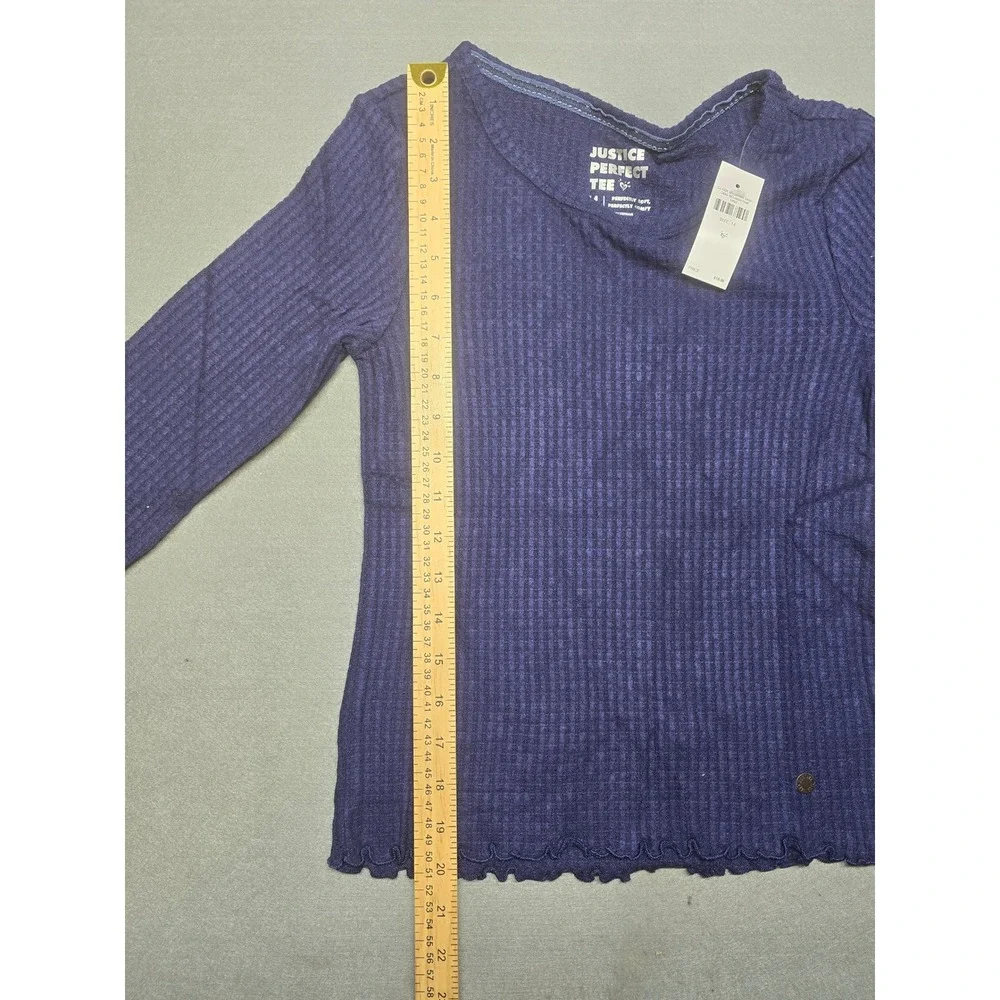 Justice Perfect Tee Girls Size 14 Navy Blue Ribbed Long Sleeve Lettuce Trim NEW